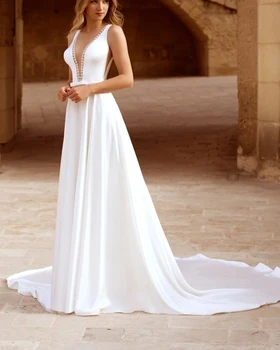 

Simple A-Line V-neck Country Wedding Dresses Backless Beading Satin Court Train Bridal Gowns vestidos de mairage