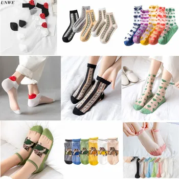 

10 Pairs Transparent Lace Socks Sexy Women/Girls Harajuku Crystal Thin Silk Glass Cute Flower/Pearl/Cat Sokken Meias