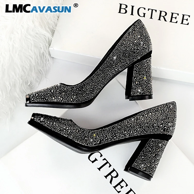 

LMCAVASUN Sexy Women Pumps Luxury Bling Rhinestone Rivet Ladies High Heel Bling Women's Fashion Crystal Mujer Square Heel