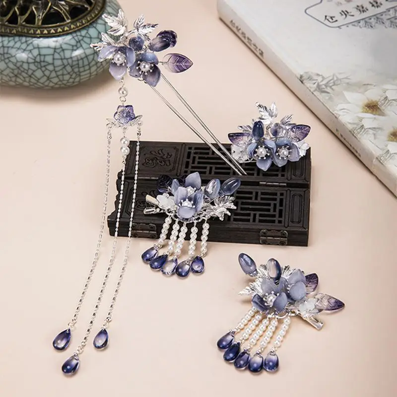 

Vintage Jewelry Set Ancient Hairpin Hair Clip Hair Forks Blue Tassel Hanfu Hair Accessories for Women