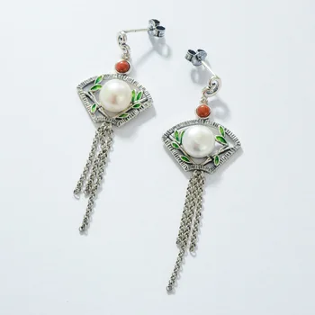 

Wind S925 Silver Bluing Earrings Ear Stud Cloisonne Tassels Women's Earrings