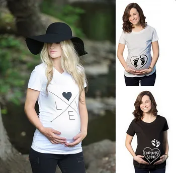 

DHL 50pcs Women Maternity Short Sleeve Cartoon Footprint/Love Print T-shirt Pregnancy Clothes