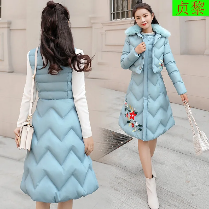 

2018 Winter New Style Slim Fit Printed down Feather Cotton-padded Clothes Two-Piece Set Thick Cotton Coat Women's Mid-length Dre