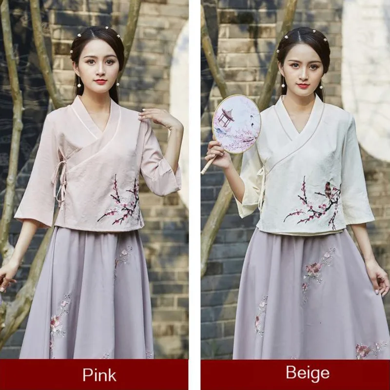 SHENG COCO, Женские кимоно, топы, блузка Hanfu, бежевая рубашка, осень, новинка, для девушек, Хан, костюмы, вышивка, цветы, художественная кофточка Ципао