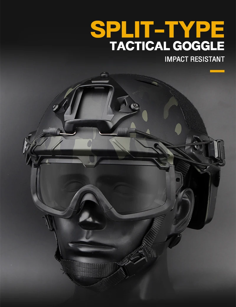 Head-mounted Helmet Rail Type Airsoft Tactical Split Goggle Anti FOG Wind Dust 