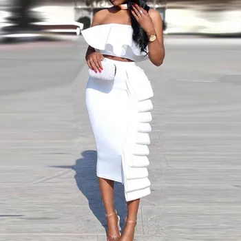 

2020 Summer 2 Piece Set Women High Waist Pencil Skirt And Crop Top Sexy Ladies Ruffles Party Clubwear Outfits Two Piece Suit