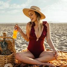 Бургундия сердце атака Falbala цельный купальник женский гофрированный монокини с v-образным вырезом пляжный купальный костюм для девочек