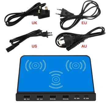 

Universal 6Ports 30W Type C PD QC3.0 USB Fast Charger 10W Dual Wireless Charger Station Stand for Laptop Cellphone Tablet