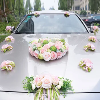

Full Pink Set Flowers Wedding Car Decoration Flower Simulation Door Handles Chair Back Rearview Mirror Wedding Car Decoration