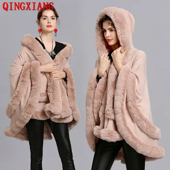 2019 Donne di Due Strato di Pelliccia Poncho Con Il Cappello Faux Pelliccia di Volpe Del Capo Grande Pendolo A Coda di Rondine Cardigan Scialle di Inverno Caldo di Spessore cappotto
