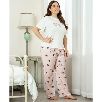 

Women's Large Home Wear Two Piece Suit White Crew Neck Printed Comfortable Loose Short Sleeve Pants Women Pajamas Plus Size