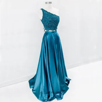 

Elegant One Shoulder Prom Dresses 2019 Lace Top Satin Skirt Two Piece Dress For Party Floor Length A-line Formal Evening Gown