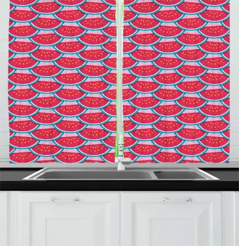 

Dark Coral Sky Blue Watermelon Kitchen Curtains Illustration Sliced Fruits Tropical Juicy Summer Food Pinkish Window Drapes