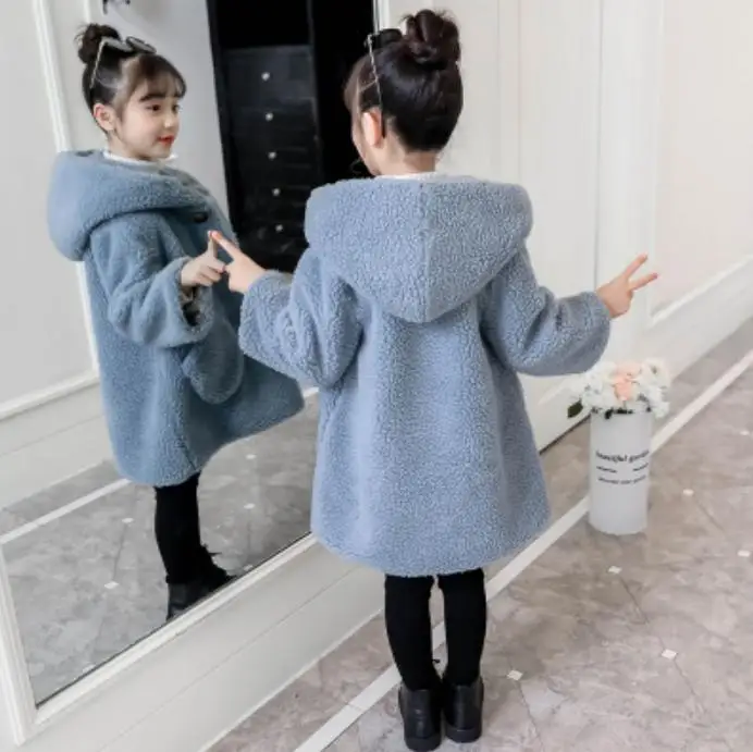 light blue Пальто из искусственного меха для детей от 2 до 14 лет Детский плюшевый медвежонок, плотная теплая верхняя одежда пальто с капюшоном для девочек modis, детские зимние куртки, Y2396 - Цвет: light blue