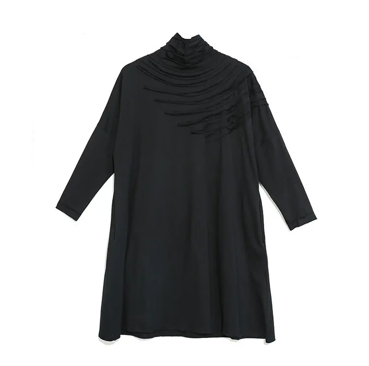 XITAO платье большого размера плюс, плиссированное черное платье, женская одежда, модное повседневное элегантное платье с высоким воротом и длинным рукавом, новинка DMY1690