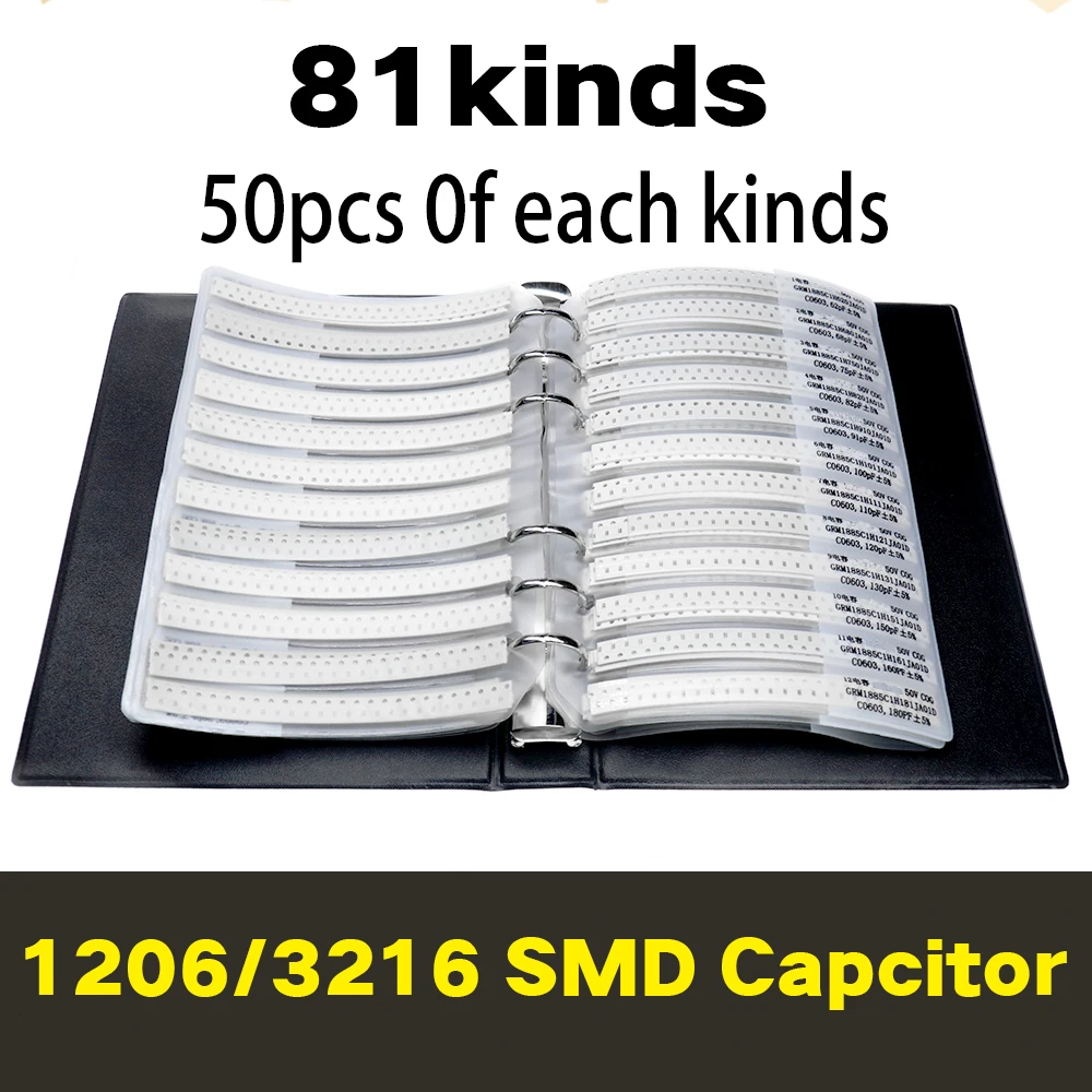 Inch1206 mm3216 SMD condensador muestra libro 81valuesX50 Uds = 4050 Uds 0.5PF ~ 1UF juego de selección de condensador paquete