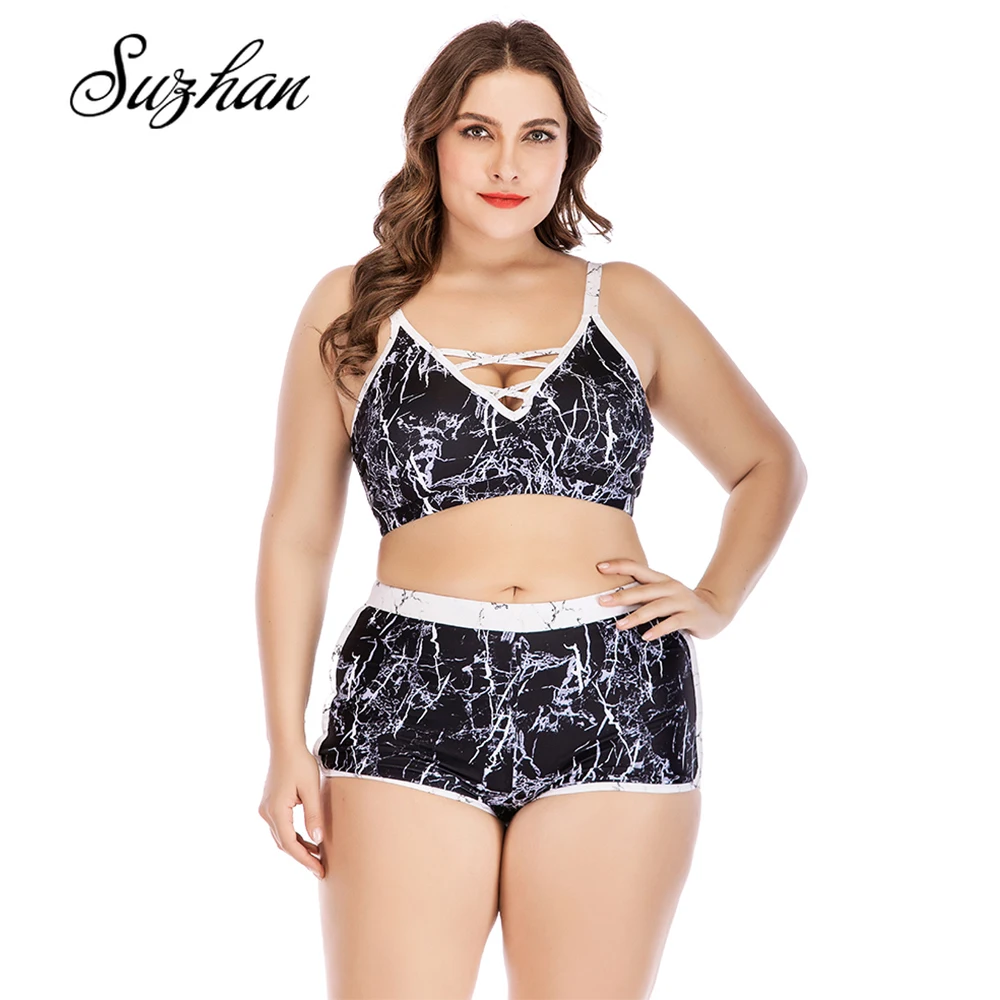 

Suzhan Plus Size Marble Printing Swimsuit Women Plus Size High Waist Swimwear Push Up Bikini Set Bathing Suits
