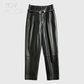 

Novmoop casual style belt decoration sheepskin genuine leather pencil pants women winter black trousers calça feminina LT3012