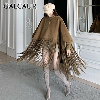 

GALCAUR Patchwork Tassel Women Windbreaker Turtleneck Lantern Long Sleeve Loose Bat Sleeved Wind Coat Female Fashion Clothing