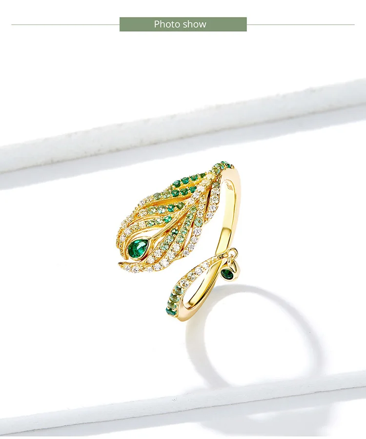 DISINIYA Feather of Peacock Queen Open Finger Rings Luxury 925 Sterling Silver Gold Color Wedding Statement Jewelry JBSR35067