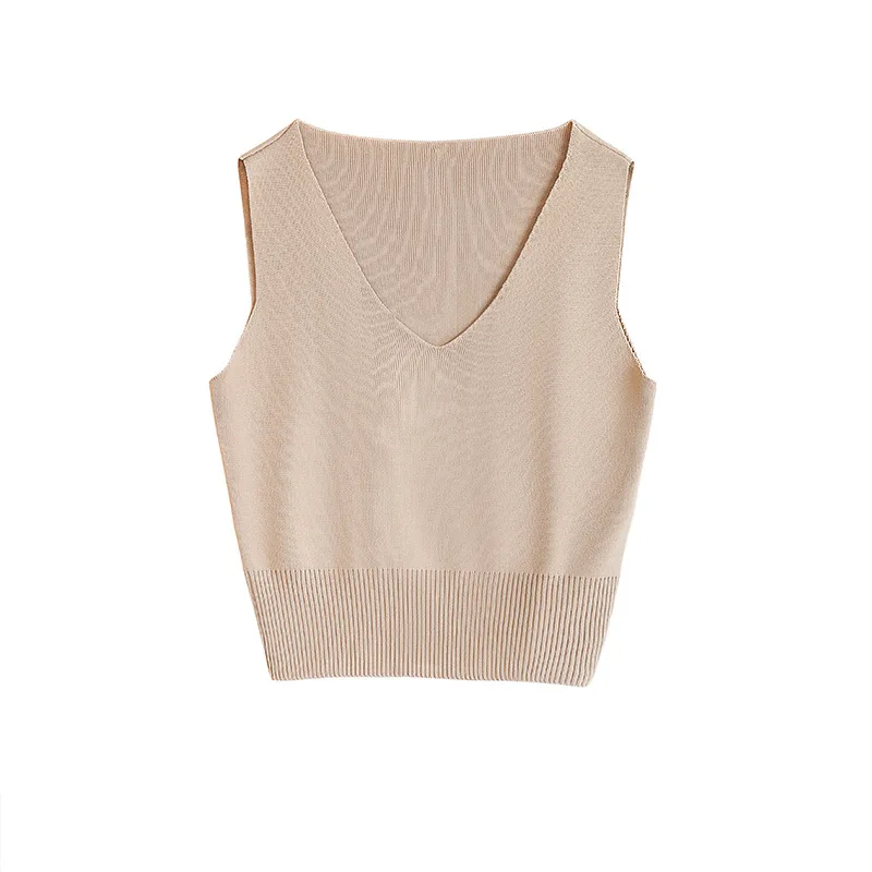 Summer and Autumn 2020 Simple Sexy V-neck Sleeveless Off Shoulder Knitted Vest Elastic Single Wear Solid T-shirt