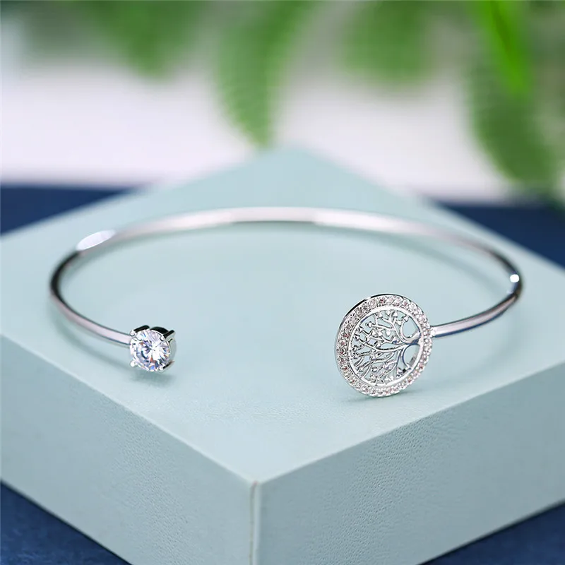 Luxury Female White Zircon Stone Bracelet Tree Of Life Adjustable Bracelets For Women Cute Silver Color Wedding Bracelet