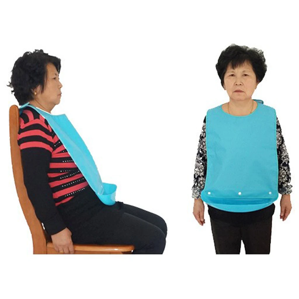 Meals Bib Protector Elderly Aid Apron + Detachable PE Pocket Blue - Reusable, Washable, Anti-oil, Anti-fouling, Easy to Clean