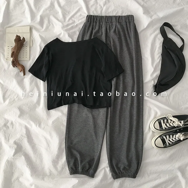 Casual Long Pant Set Women Short Sleeve T-shirt + Elastic High Waist Harem Pant Trouser Matching Set