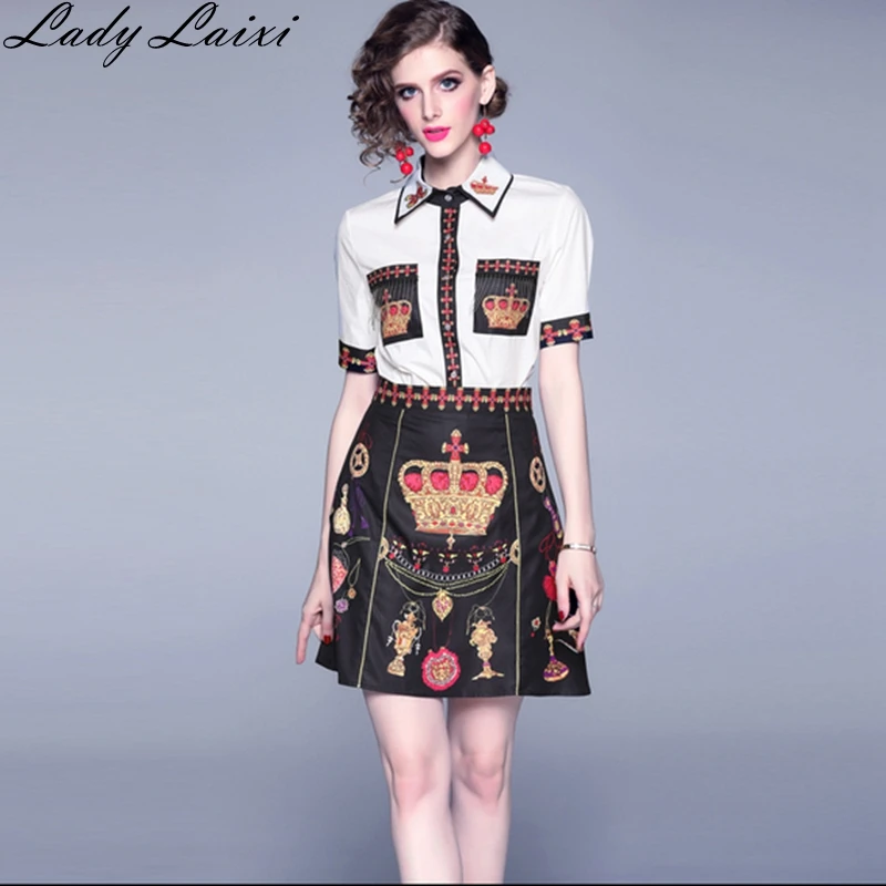 

2019 Summer New Fashion Designer Suits Women's tassel print Shirt+Crown Print Elegant Vintage Skirt Two Pieces Set