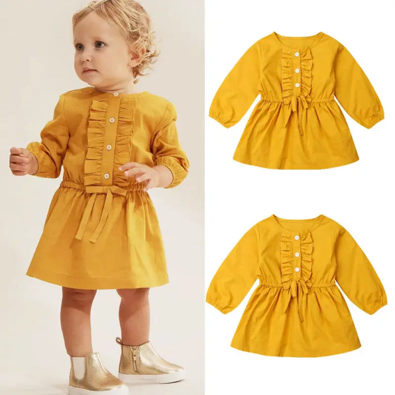 

Autumn Children Dress 2019 New Arrival Toddler Infant Baby Girl Clothes Long Sleeve Dress Kids Tutu Casual Solid Yellow Dresses