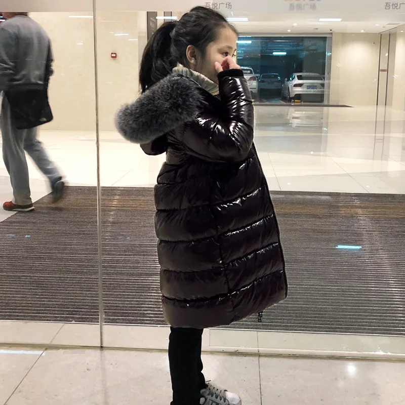 여아 남아용 겨울 샤이닝 롱 다운 , 어린이, 두껍고 따뜻한 리얼 퍼 후드 코트, 겉옷, 85-150 cm