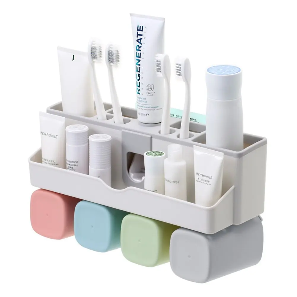 

Toothbrush Holder Set Save Space No Drill Wall Mount Toothpaste Dispenser and Multi-Functional Slots Bathroom Organizer