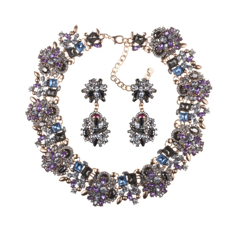 Luxury Crystal Rhinestone Necklace Earrings Jewelry Sets Women Large Collar Statement Choker Necklace Female Big Bib Necklaces
