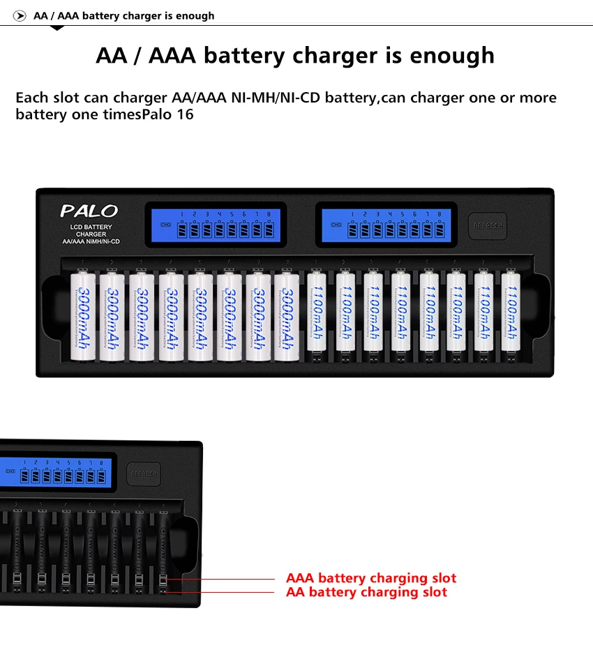 PALO 16 слот AA AAA Зарядное устройство быстрой разрядки ИС, ЖК-экраны защиты интеллигентая(ый) Быстрый Батарея Зарядное устройство для 1,2 V AA, AAA, никель-металл-гидридных и никель-кадмиевых типов аккумуляторов Батарея