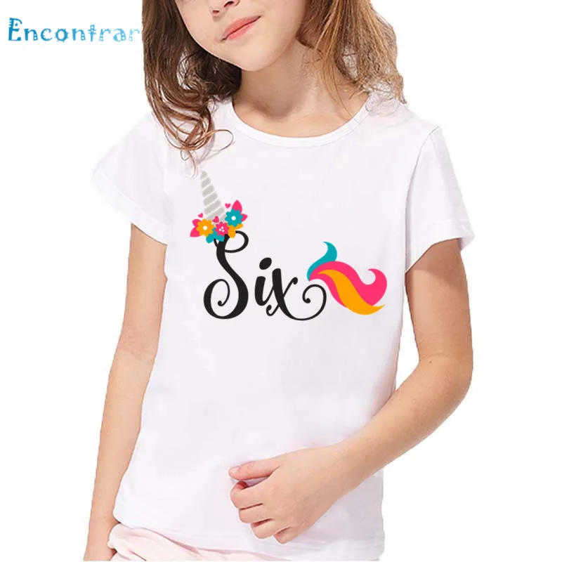 Футболка с принтом «Единорог» для маленьких девочек 1-9 лет, футболка для дня рождения забавные летние белые топы с надписью «День рождения», Детская футболка HKP2431 - Цвет: white-O