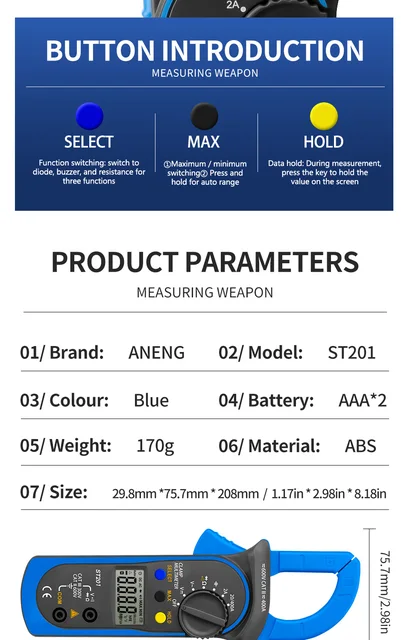 ANENG ST201 Digital Professional Multimeter Clamp Ammeter