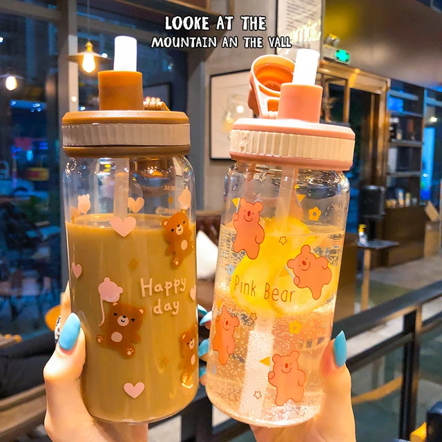 Kawaii Boba Bear Glass Cup With Straw & Lid