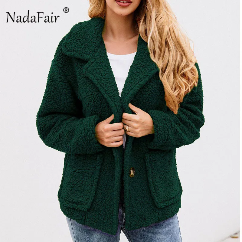 Nadafair с карманами однотонное плюшевое пальто куртка на пуговицах зимнее пальто Женская пушистая куртка плюшевое пальто из искусственного меха для женщин