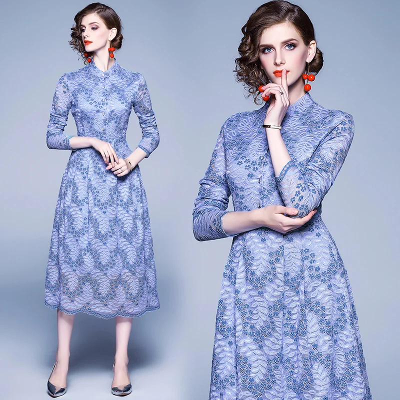 

Simgent Fall 2020 Women Trendy Lace Dress Stand Collar Long Sleeve Midi Flared Dress Blue Vestidos Jurken Robe Femme SG08303