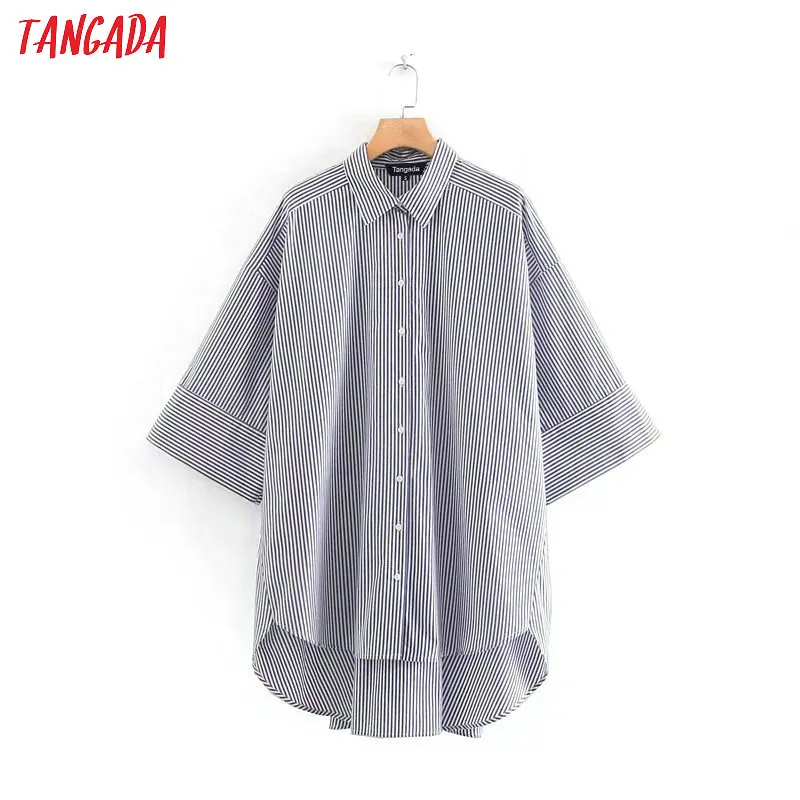 

Tangada fashion women striped print dress pearl turn-down collar long sleeve ladies loose shirt dress vestidos XN295