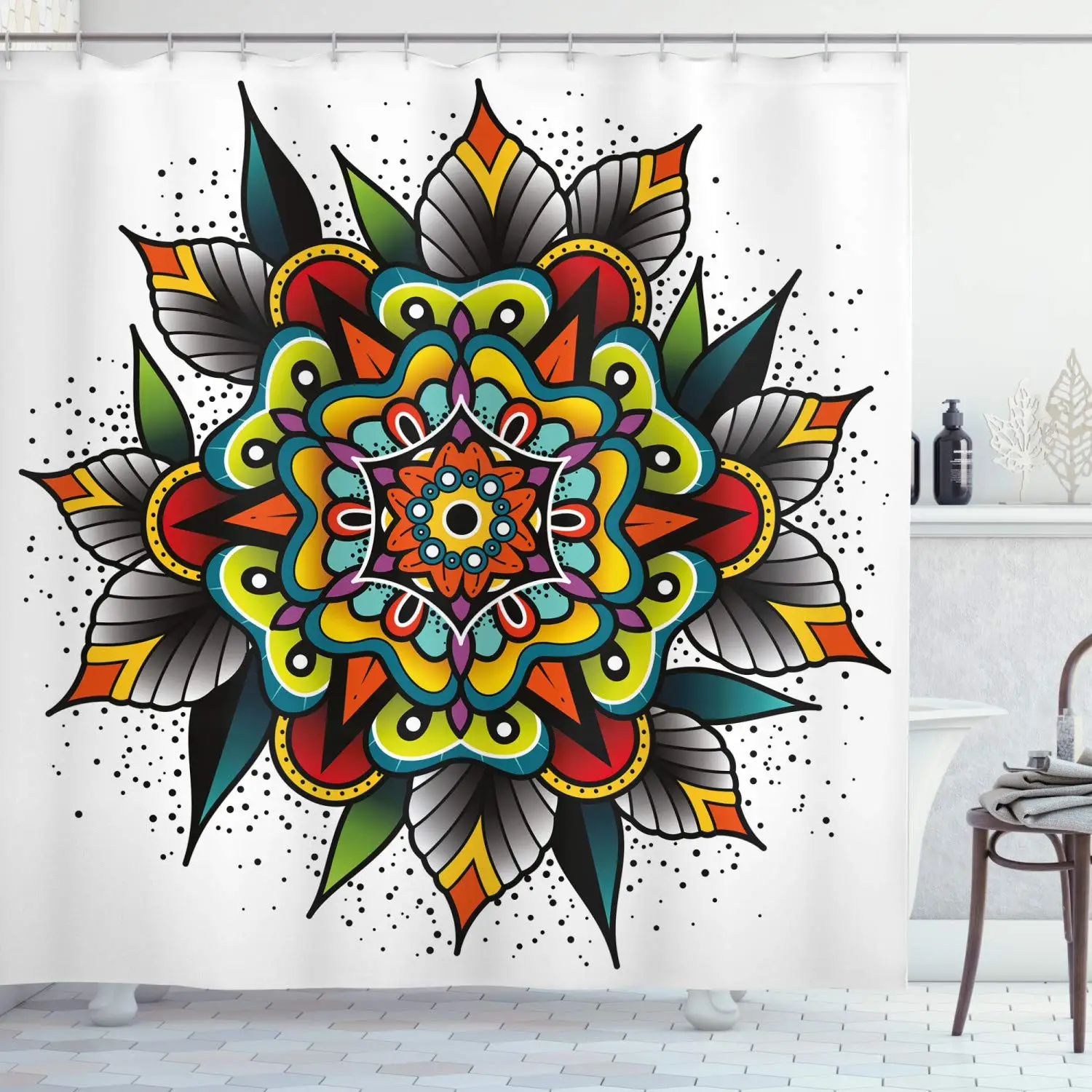

Tattoo Decor Shower Curtain by, Old School Motif with Flowers Leaves and Internal Mandala Figure Artisan Design, Fabric Bathroom