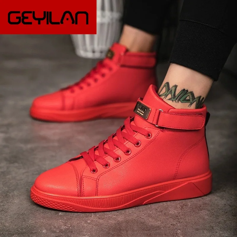 

Black Red Men Lace Up Ankle Boots Flats Shoes High Top Leather Casual Shoes Men's Vulcanize senakers Walking Shoes