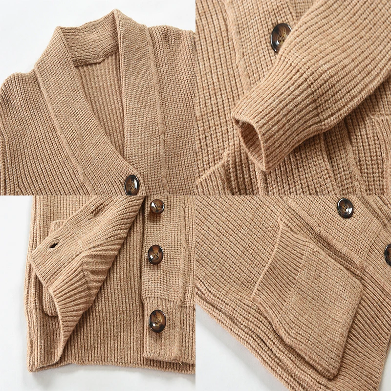Khaki Cardigan Men Cotton Sweater Long Sleeve Mens V-Neck Sweaters Loose Solid Button Tops Fit Knitting Casual Style Clothing 5