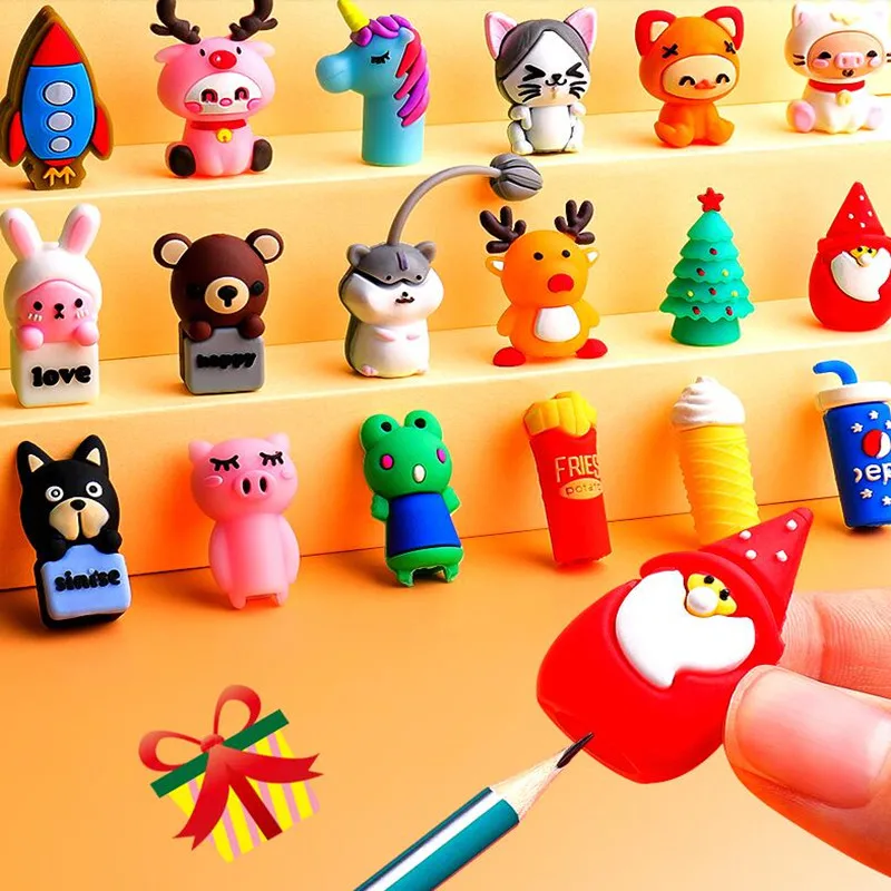 цена 2021 New Creative Elementary School Kindergarten Cartoon Cute Eraser Silicone Soft Rubber Pen Cap 10pcs/pack