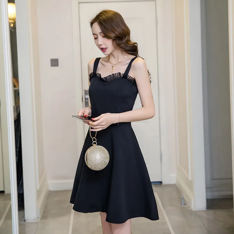 

2019-Summer Black And White with Pattern Dress Slimming Short Skirt Sexy Strapped Dress Elegant Fashion Debutante Black Dress