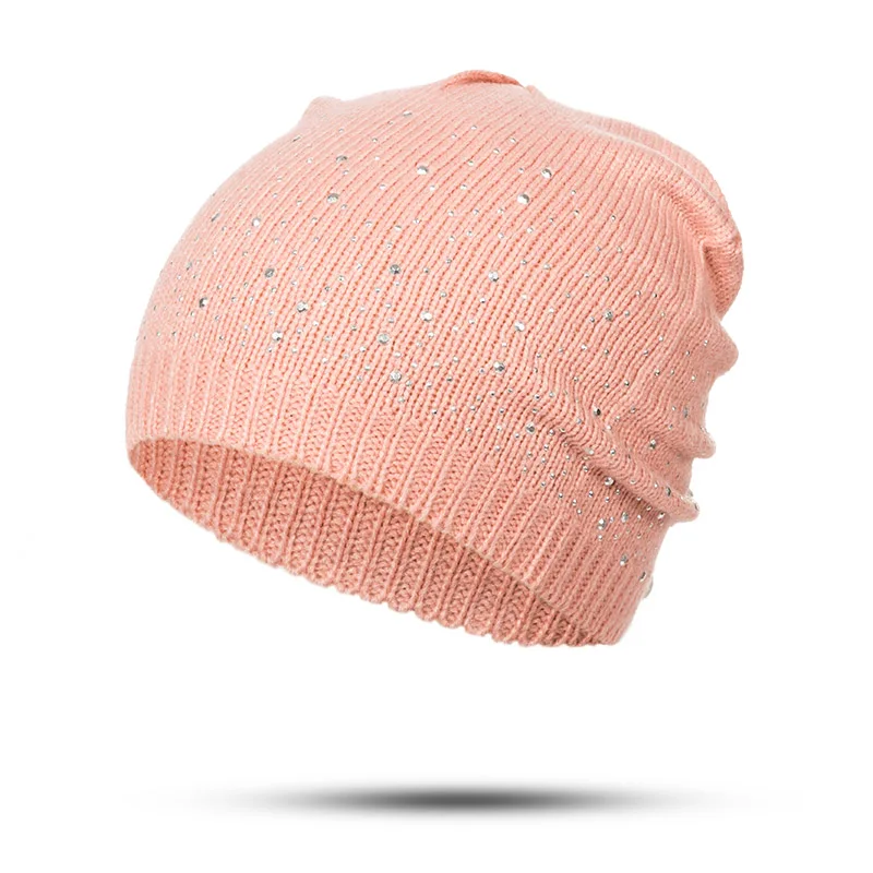 Зимние осенние шапки бини женские мягкие вязаные шапочки шапка женская мода стразы хлопковая шапка Кепка Стразы пуловер вязаная шапка - Цвет: pink