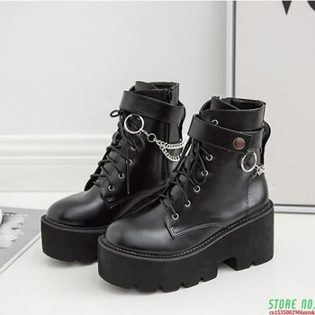 baratas Boussac Metal Correntes Grossas Das Mulheres Da Plataforma Do Dedo Do Pé Redondo Botas Martin Botas Mulheres Botas De Inverno Preto Botas Do Punk Goth SWE0872