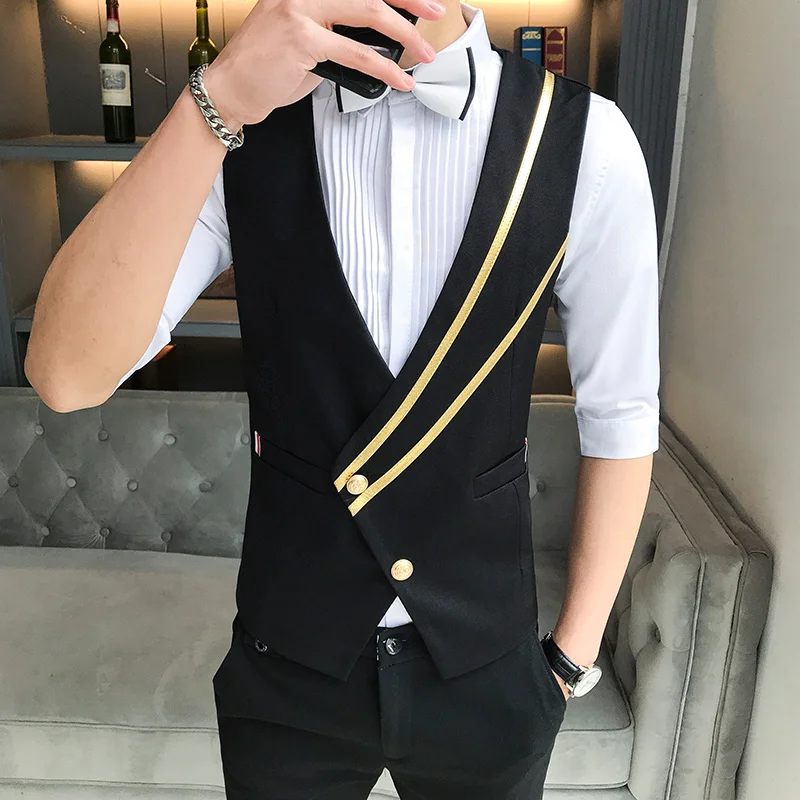 Dress Vests Business Casual Suit Vest for Men Formal Single Breasted Bar Waiter Work Uniform Nightclub Slim Fit Wedding Black