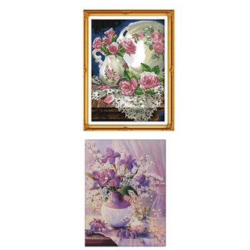 

14CT Purple Vase Pattern Cross-Stitching 36 x 46cm & 11CT Vase Rose Pattern Cross Stitch 27 x 39cm