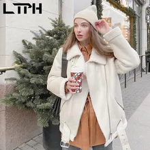 

LTPH streetwear PU leather biker jacket women zipper lapel loose casual high quality faux fur thick warm coat 2021 winter new